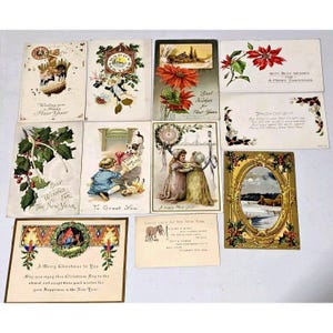 Antike Weihnachten Neujahr Postkarte Lot/14 ephemera 1910s Geprägte Glocken floral