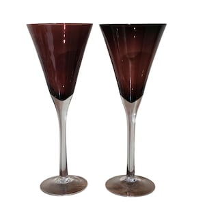 2 Pottery Barn Burgundy Wine Goblet 9&quot; Blown Glass Clear Stem vtg tulip style
