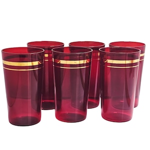 6 Anchor Hocking Royal Ruby Glasses 4.7&quot; vtg red glass 9oz tumblers gold stripes