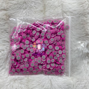 May include: A clear plastic bag filled with numerous small, pink, and gray dragon fruit slices. The slices have a bright pink outer ring and a gray center with tiny black seeds. The bag is sealed with a clear zipper.