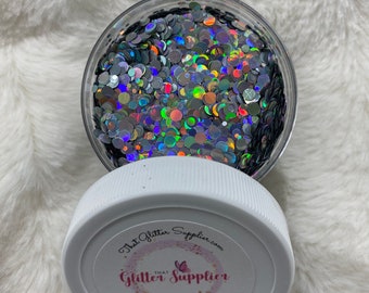 Glitter, Dot Glitter, Dots, Disco, Glitter Dots, Holo Dots, Holographic Silver Dots, Polyester Glitter, Dot Glitter, Dots, 1oz. Container