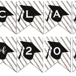 Graduation 2021 party banner Grad party decorations black and white gold stripes cap Mexican fiesta college high school glitter gold image 1