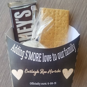 Adoption announcement party Smores gift bag toppers Gotcha favor boxes | foster care court gift smore love family adopted favors Sold as set