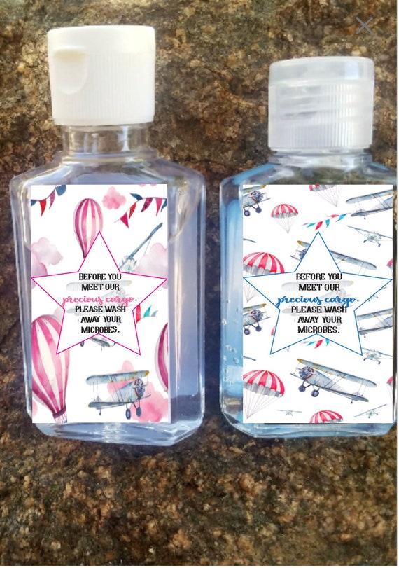 precious cargo baby shower hand sanitizer labels party favors | purell | marauders | adventure hot air balloons time flies planes SET OF 12 Il_570xn