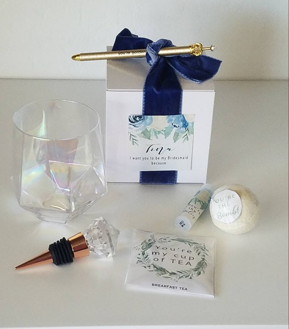 Will you be my bridesmaid proposal box kit elegant wedding gift bride tribe wine glass stopper lip balm bath bomb teabag custom personalized Il_570xn