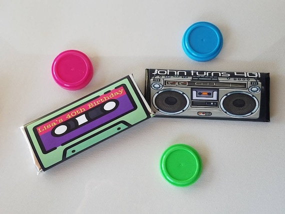 80s 90s birthday boombox cassette tape neon glow birthday party favors chocolate bars gifts | hip hop fresh prince candy treats DJ SET OF 10 Il_570xn