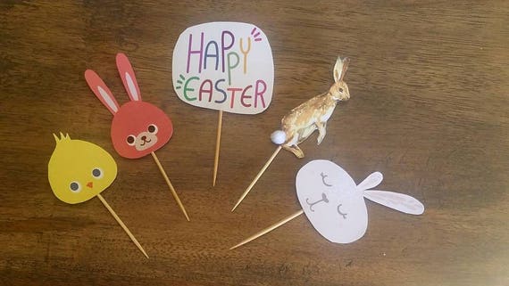 Easter brunch Party Cupcake Toppers ⎜pom pom bunny ⎜ baby chick cake decor ⎜ Happy Easter ⎜ Kids dessert unique ⎜ Personalized ⎜ SET OF 12 Il_570xn