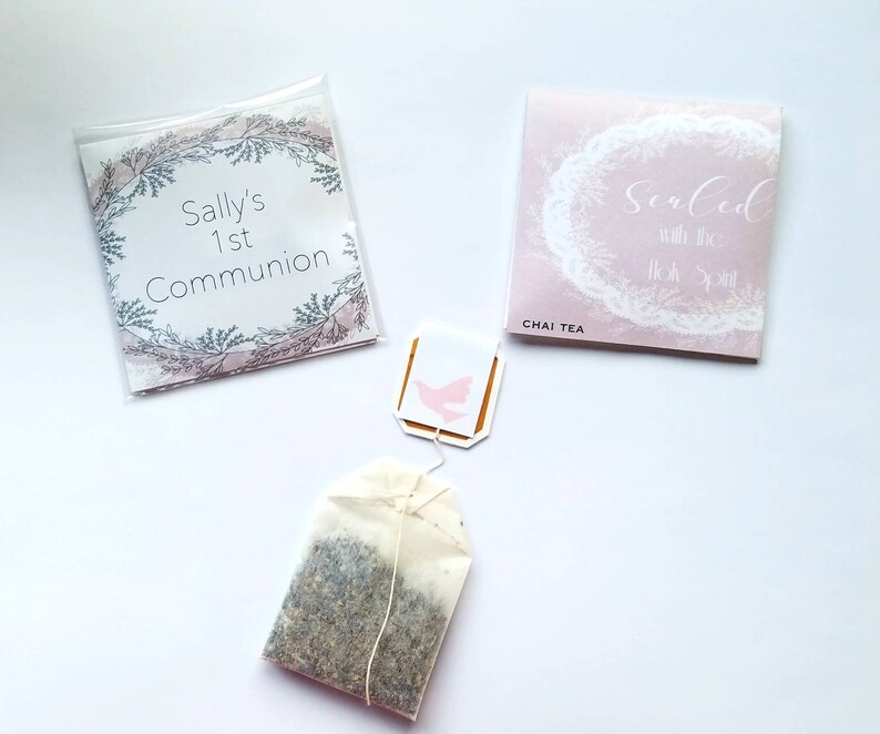 Confirmation first communion or baptism retreat gifts tea bag favors custom tea bags catholic personalized wrappers envelope SET OF 10 image 1