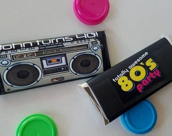 80s Birthday Chocolate Bar Favors: Boombox, Cassette Tape - Set of 10
