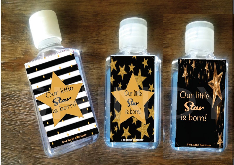 a star is born movie theme baby shower hand sanitizer labels party favors purell movie star rockstar party gifts Hollywood SET OF 12 image 1