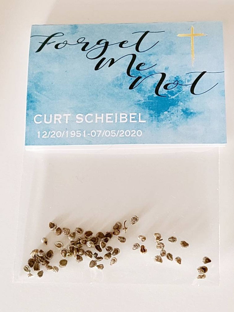 pouches or seed packet favors bereavement forget me not SET OF 10 church in memory of memorial service reception sachets Funeral service