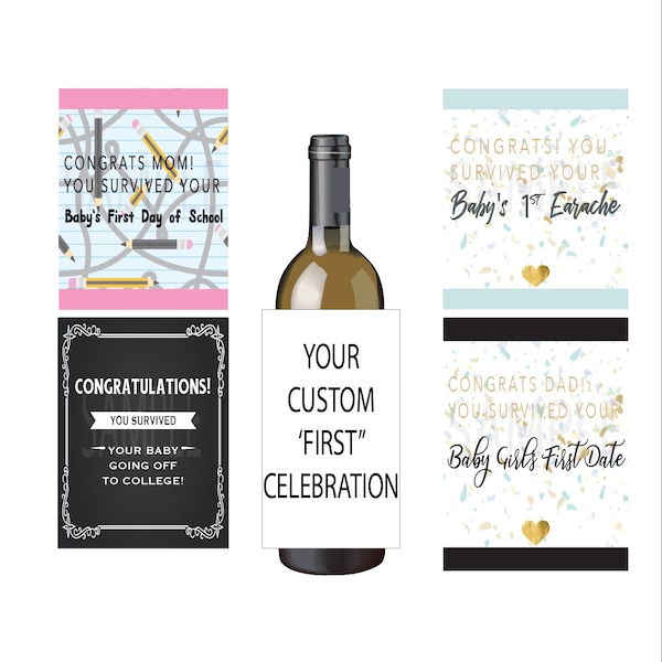 Personalized first celebrations wine bottle labels⎜ retirement college military custom label baby firsts milestones ⎜ Champagne SET of 10