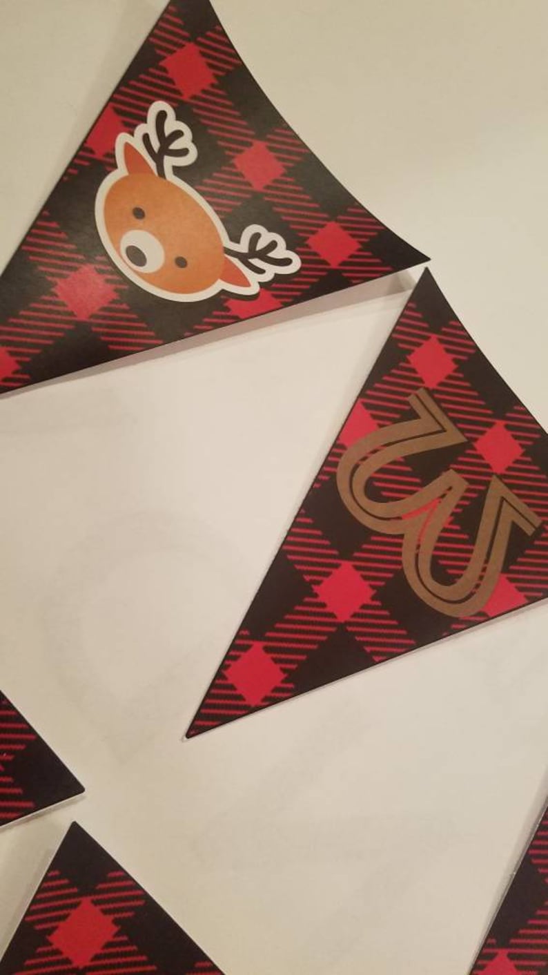 Wild one year old birthday party banner camping sleepover high chair sign buffalo plaid lumberjack print baby reindeer bear outdoors