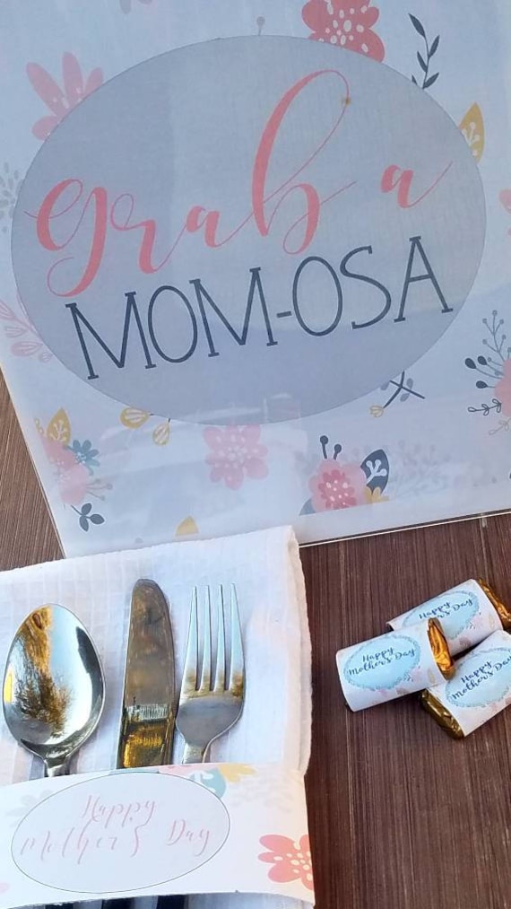 Mom-osa Mother's Day or baby shower brunch package sets | napkin ring utensil holders wraps | chocolates | bar drink signs floral setting Il_570xn
