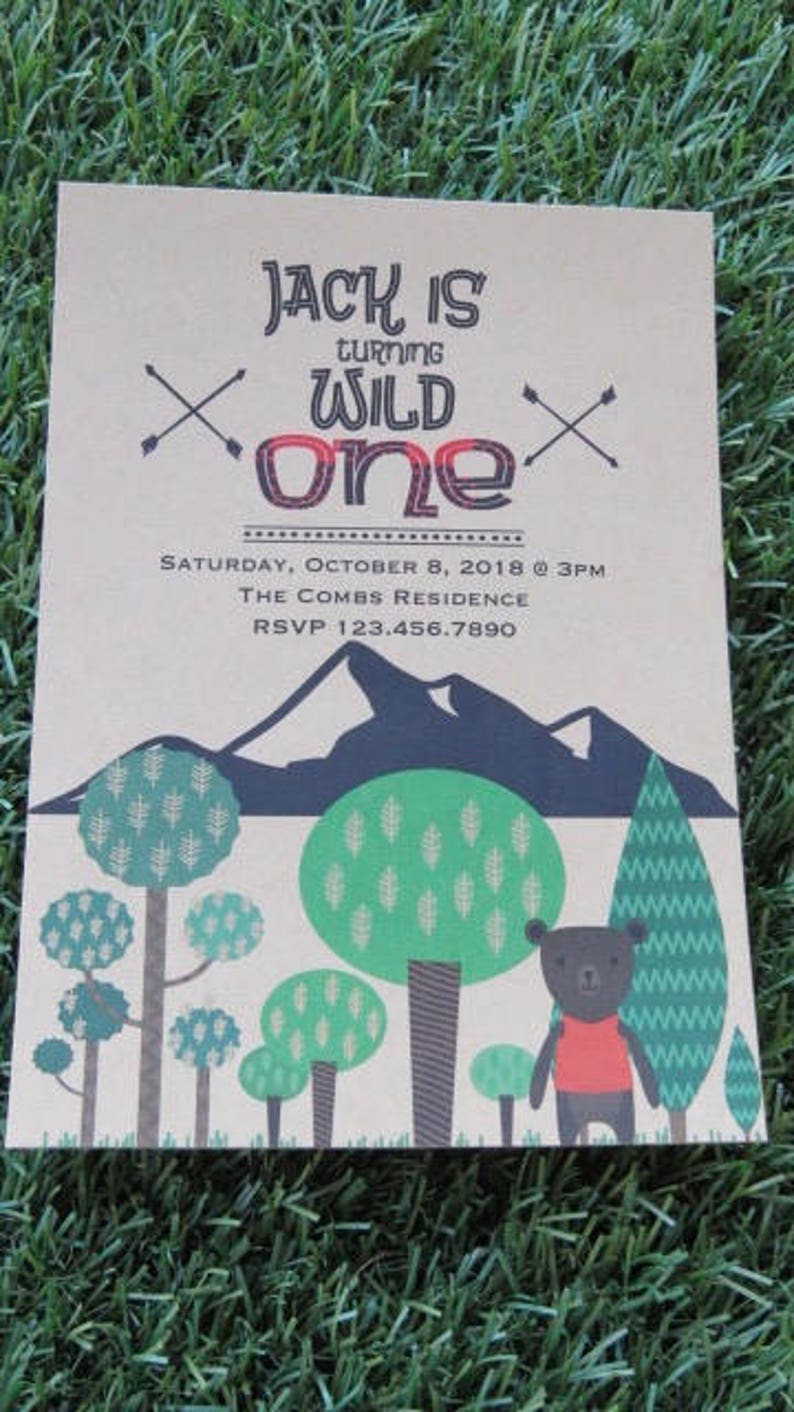 Boys Camping sleepover InvitationsWild One boho chic partylil bear party Invitesunique kids invitationwilderness outdoors campSET OF 10 image 1