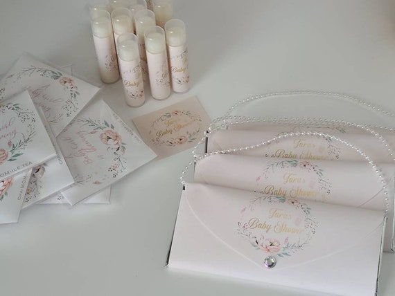 Baby shower tea bag favors ⎜ custom tea bags ⎜ personalized wrappers high tea lip balms shower party ⎜ chocolate purses pearls | SET OF 10 Il_570xn