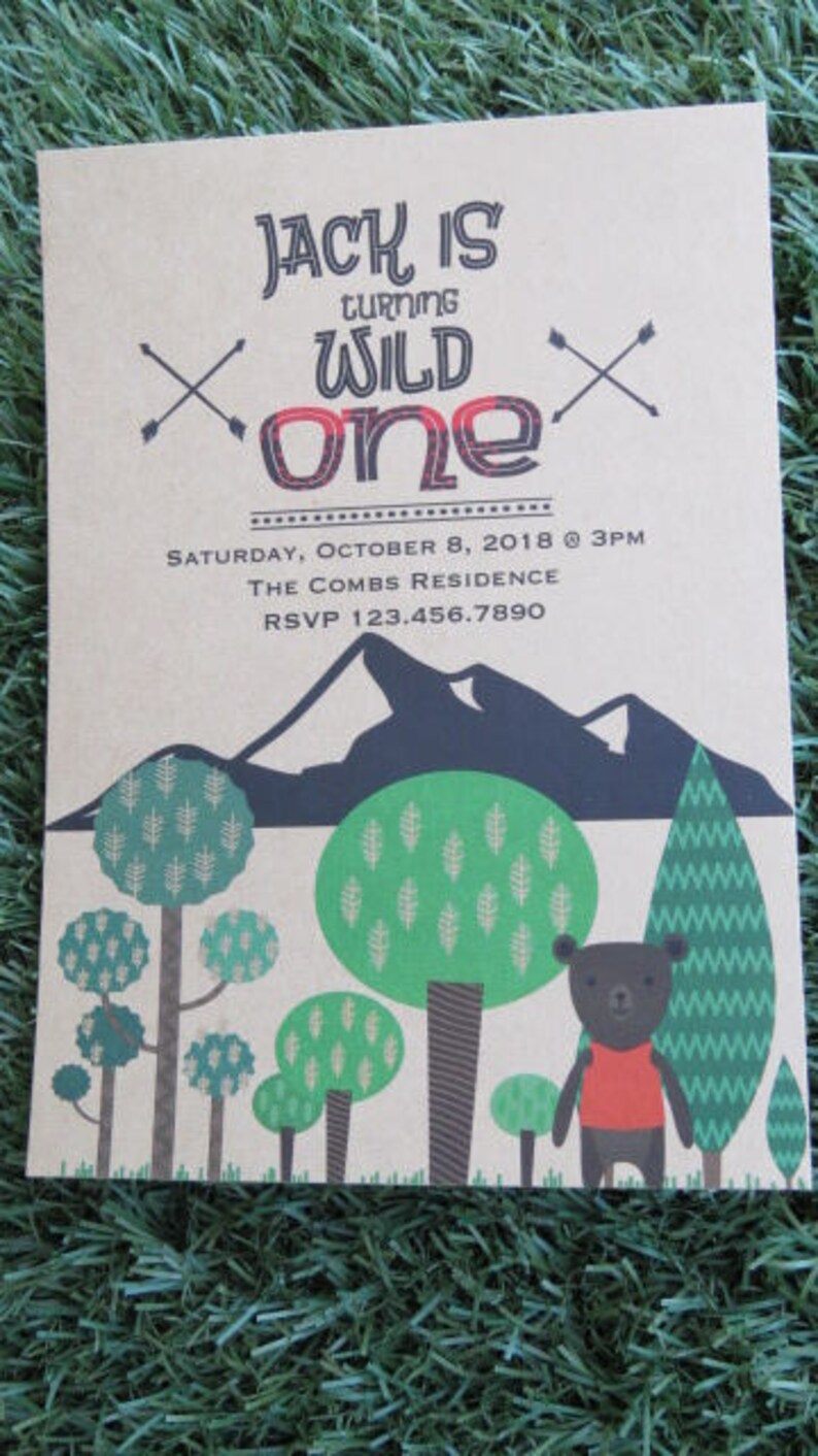 Boys Camping sleepover InvitationsWild One boho chic partylil bear party Invitesunique kids invitationwilderness outdoors campSET OF 10 image 2