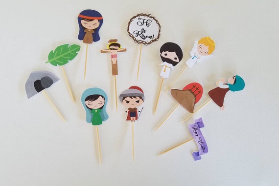 Easter he is risen resurrection scene Cupcake Toppers Jesus religious palm calvary cake Kids lent party Mary catholic christian SET OF 12 Il_570xn