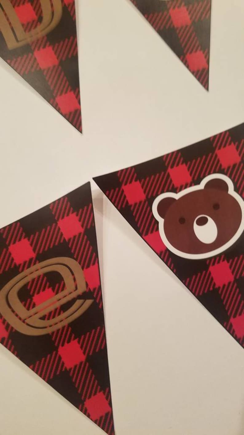 Wild one year old birthday party banner camping sleepover high chair sign buffalo plaid lumberjack print baby reindeer bear outdoors