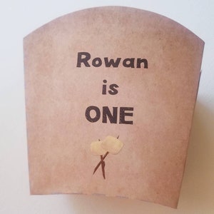 May include: A brown paper party favor bag with the text "Rowan is ONE" and a graphic of two marshmallows on sticks.