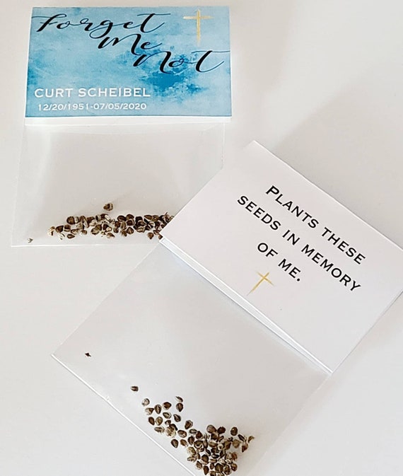pouches or seed packet favors bereavement forget me not SET OF 10 church in memory of memorial service reception sachets Funeral service