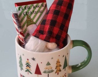 Gnome chocolate peppermint mug gift set Christmas ornament buffalo plaid keepsake gift affordable holiday gift Hershey bar coffee cup