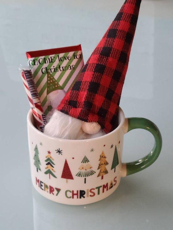 Gnome chocolate peppermint mug gift set Christmas ornament buffalo plaid keepsake gift affordable holiday gift Hershey bar coffee cup Il_570xn