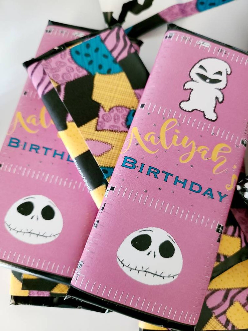 Nightmare Halloween Jack boogie Sally large party set custom chips chocolates labels stickers treats baby shower sugar skulls wedding 10 Hershey Bars pink