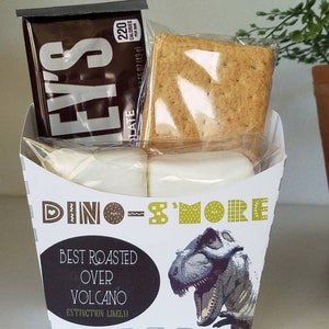 May include: A white cardboard box with a dinosaur graphic and the text "Dino-S'more" and "Best roasted over volcano, extinction likely". The box contains a chocolate bar, graham crackers, and marshmallows for making s'mores.