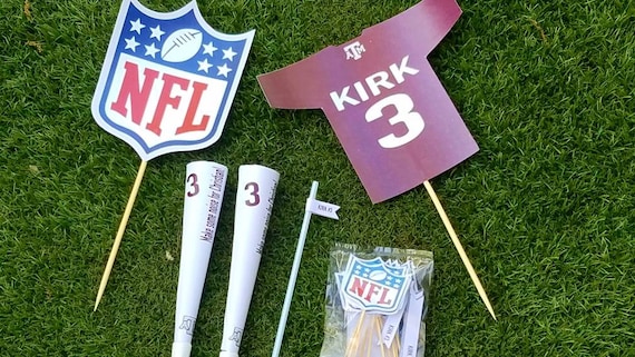 Football sports theme party signs decor | custom sport jersey | blow horns | cupcake toppers | straw team flags | drink flags personalized Il_570xn
