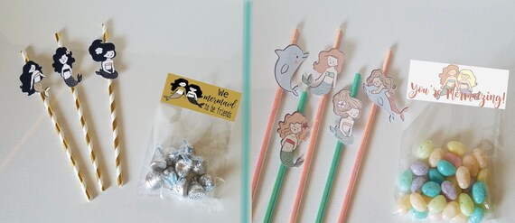Kids mermaid party straws | black and gold or pastel mermaids | dolphin animal party decor| baby shower favors | gift bag toppers |SET OF 10 Il_570xn