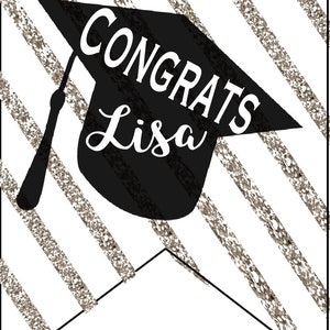 Graduation 2021 party banner Grad party decorations black and white gold stripes cap Mexican fiesta college high school glitter gold image 2