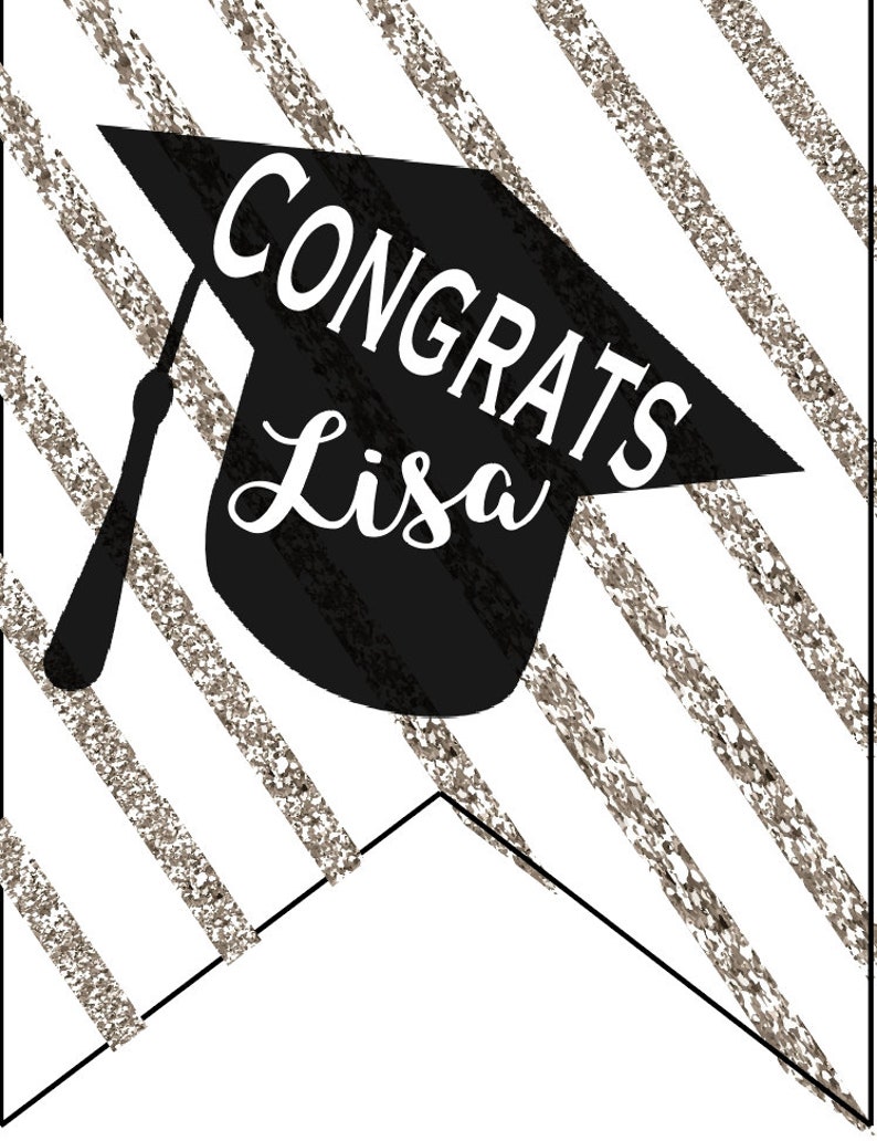 Graduation 2021 party banner Grad party decorations black and white gold stripes cap Mexican fiesta college high school glitter gold image 2