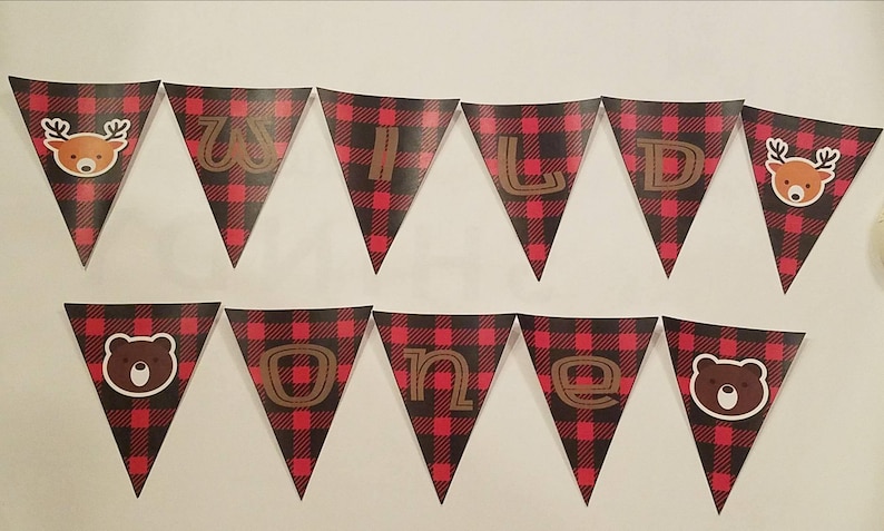 Wild one year old birthday party banner camping sleepover high chair sign buffalo plaid lumberjack print baby reindeer bear outdoors