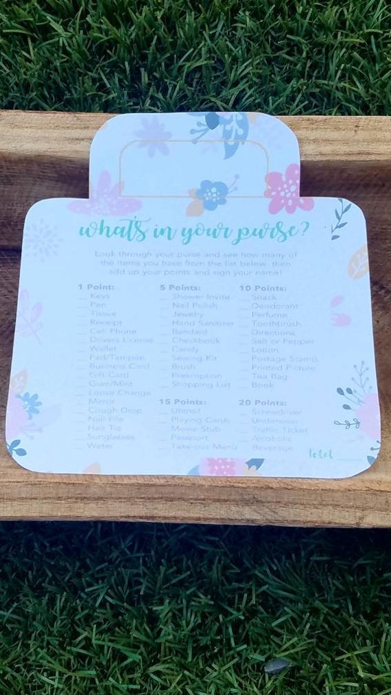 Baby OR bridal shower what's in your purse game | bag shaped floral or chevron print | fun guest game cards | unique party games | SET OF 10 Il_570xn