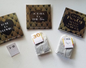 tea bags favors ⎜ wedding bridal shower packets tea wrappers the great gatsby art deco tea party speakeasy roaring 20s black gold  SET OF 10