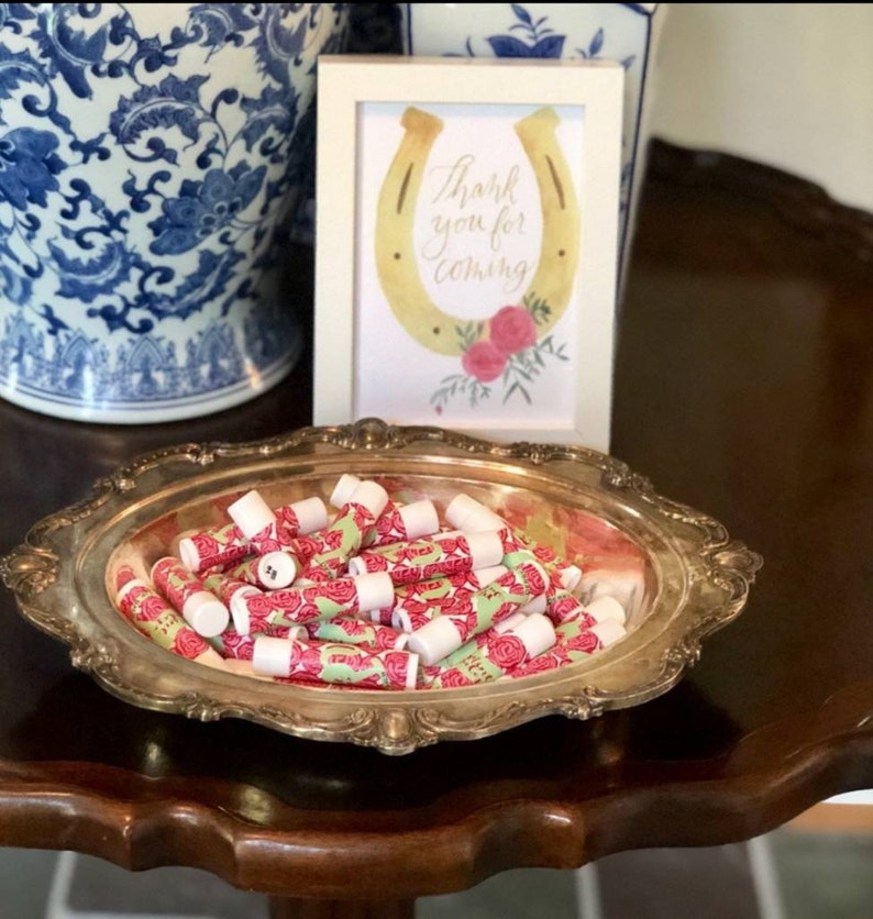 Custom Kentucky Derby baby shower party favors \u239c lip balm gifts \u239chorse theme parties Personalized chapstick roses mint julep \u239cSET OF 10