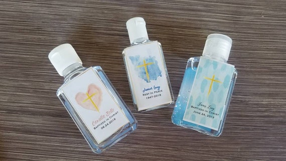 Baptism funeral religious sanitizer labels favors | purell | baptismal shower memorial gold foil church watercolor christening | SET OF 12 Il_570xn