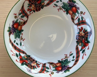 Vintage William James Stoneware Bowl, Holiday Tartan Plaid Fruit Design
