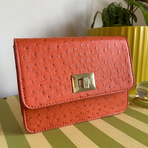 Vintage Orange Faux Ostrich Handbag with Gold Chain