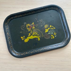 Vintage Floral Painted Tray: Eastern European Black Decorative Tray