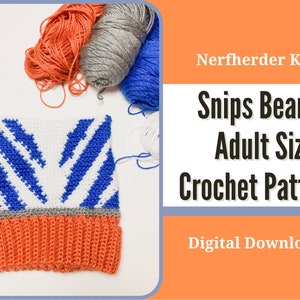 Könnte beinhalten: Ein Häkelmützen-Muster in Blau, Weiß und Orange mit dem Text "Snips Beanie Adult Size Crochet Pattern" und "Digital Download" auf einem Pfirsichhintergrund.