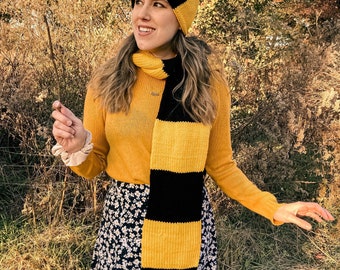 Yellow and Black Striped House Scarf - HANDMADE - Knit School scarves, striped scarf, wizard scarf, gift for magic lovers.