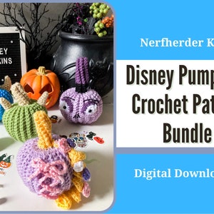 May include: A crochet pattern bundle featuring Disney-themed pumpkins. The bundle includes patterns for a purple pumpkin with a witch hat, a blue pumpkin with horns, a green pumpkin with a stem, and a purple pumpkin with a yellow stem and pink bows. The text "Disney Pumpkins Crochet Pattern Bundle" and "Digital Download" is displayed on a blue background.