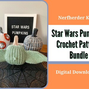 May include: A crochet pattern bundle featuring Star Wars themed pumpkins. The bundle includes three crochet patterns: a Yoda pumpkin, a Stormtrooper pumpkin, and a R2-D2 pumpkin. The patterns are available as a digital download.