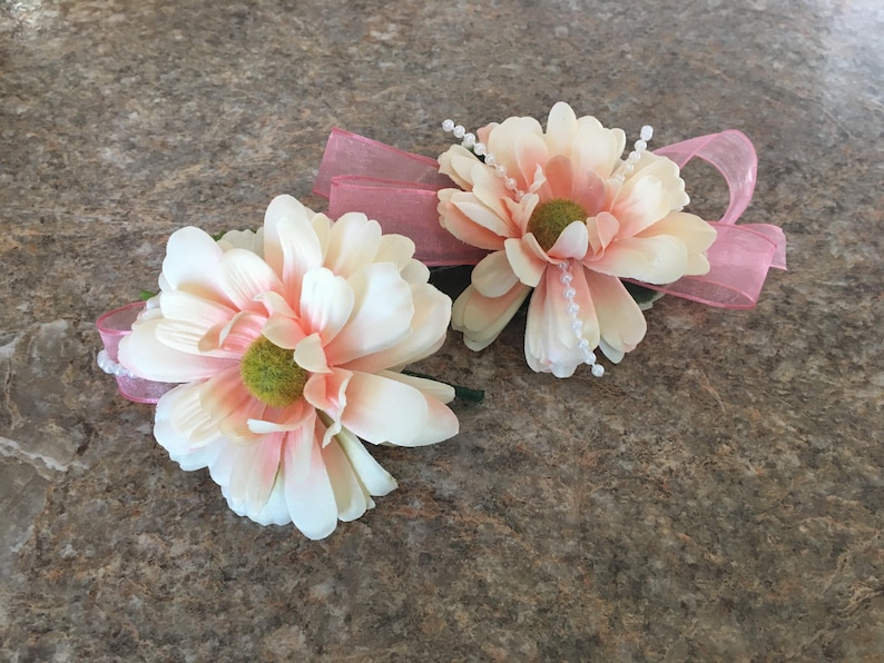 Pink and Pearl corsage and boutonni\u00e8re set