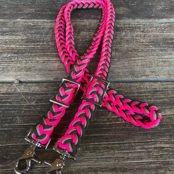 Hot Pink, Brown & Tan Original Style Braided Paracord Barrel Reins, Custom, Barrel Racing, Knotted, Horse Tack, Loop, Western, Equine, Trail