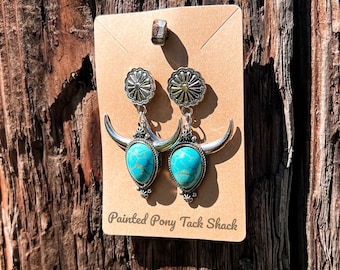 Western Bull Head Turquoise Drop Earrings
