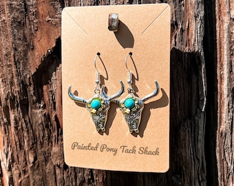Western Floral Cow Head Turquoise Drop Earrings