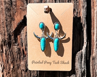 Western Small Cow Head Turquoise Drop Earrings